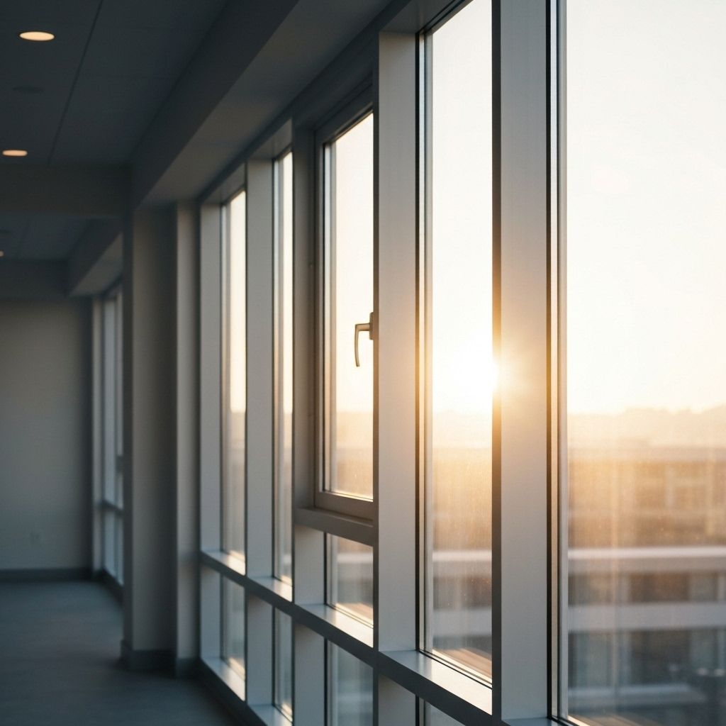 Vue latérale de fenêtres modernes montrant les rayons UV bloqués par le film solaire